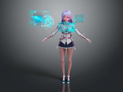 Anime Style Game Movie Character With Purple Hair Holographic Interfaces And School Uniform Outfit 3d model
