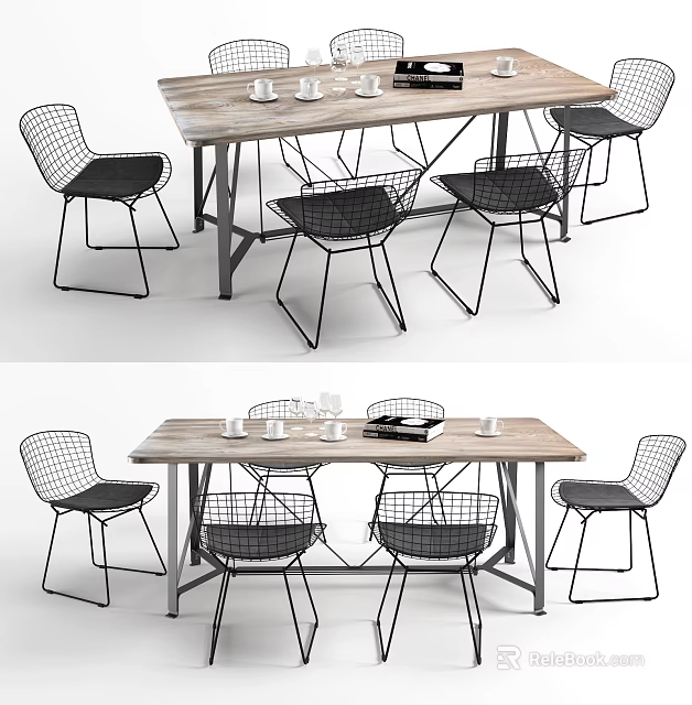 Modern Dining Table Set With Wooden Top Metal Frame And Mesh Back Chairs 3d model 