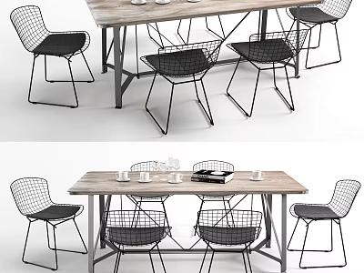 Modern Dining Table Set With Wooden Top Metal Frame And Mesh Back Chairs 3d model
