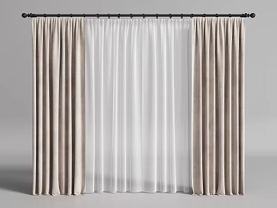 Beige Thick And White Sheer Curtains With Black Rod For Window Decoration 3d model