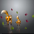 Two Cute Fox Characters With Red And Green Leaves On Shiny Dark Background