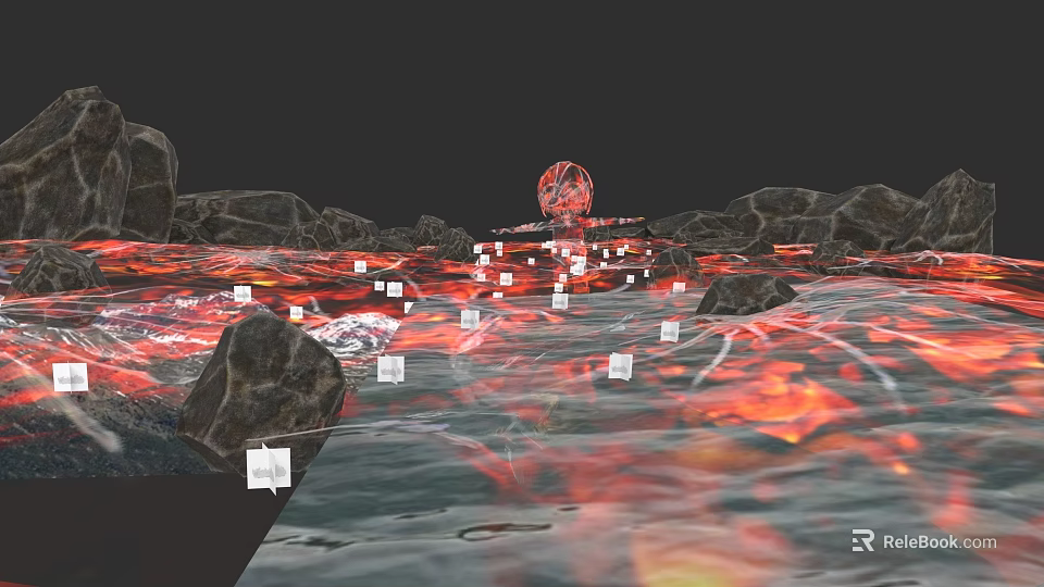 Volcanic Weapon Design With Lava Flows Rock Terrain And Floating Papers 3d model 