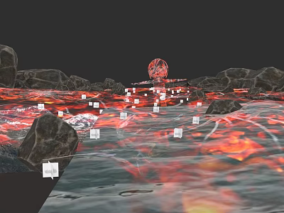 Volcanic Weapon Design With Lava Flows Rock Terrain And Floating Papers 3d model