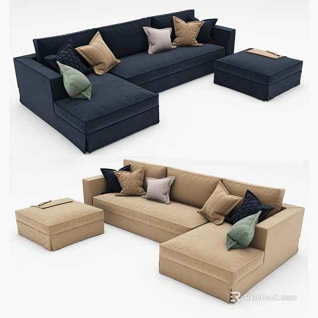 Modern L shaped Sofa Set With Multiple Throw Pillows And Matching Ottoman 3d model