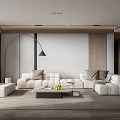 Modern Minimalist Living Room Interior With White Sofa Arc Floor Lamp And Wooden Coffee Table
