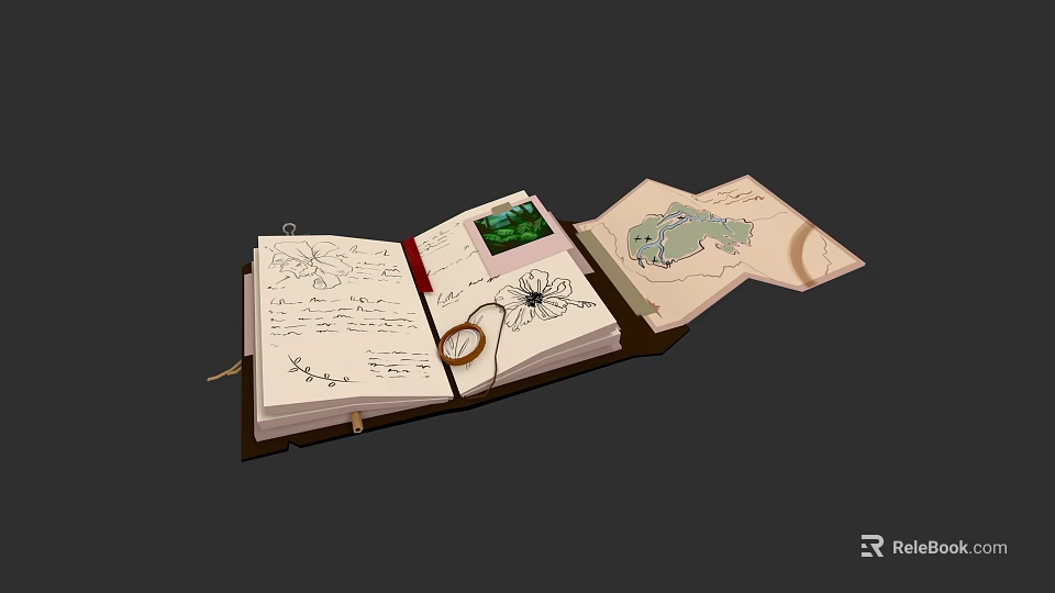 Detailed Botanical Illustrations in Open Notebook with Plant Sketches and Magnifying Glass 3d model 