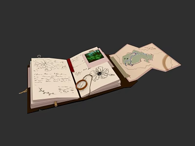 Detailed Botanical Illustrations in Open Notebook with Plant Sketches and Magnifying Glass 3d model