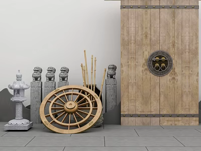 Traditional Wooden Entrance Gate With Stone Lion Statues Bamboo Sticks And White Wall 3d model