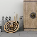 Traditional Wooden Entrance Gate With Stone Lion Statues Bamboo Sticks And White Wall