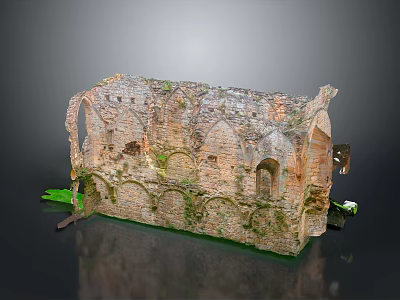 Ancient Building Ruins With Weathered Brick Walls Arched Openings And Overgrown Vines 3d model