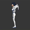 Anime Style Female Character With Short Hair In White And Blue Tight Fitting Suit