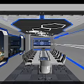 Modern Control Room Interior With Curved Consoles Multiple Monitors And Blue Chairs