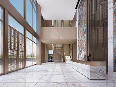 Modern Spacious Hotel Lobby Interior With Large Windows Natural Light Marble Flooring And Reception Desk 3d model