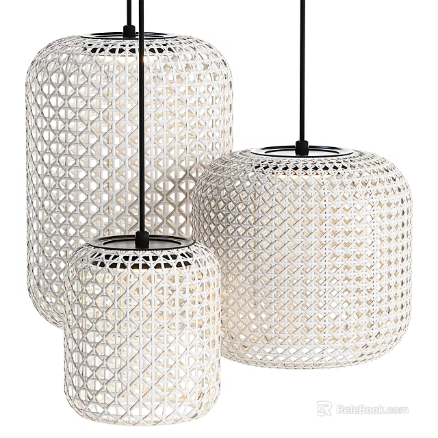 Three White Woven Pendant Lights With Lattice Design And Black Hardware 3d model 