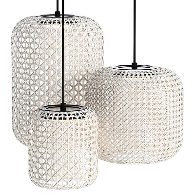 Three White Woven Pendant Lights With Lattice Design And Black Hardware 3d model