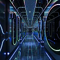 Futuristic KTV Lobby With Neon Lights And Robots