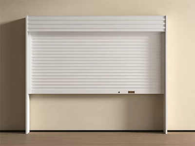 White Roller Shutter With Sleek Design Mounted On Beige Wall And Wooden Floor 3d model