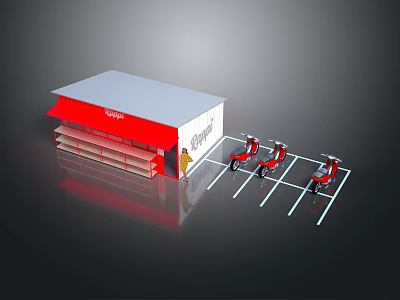 Small Red And White Store Building With Red Awning And Motorcycle Parking 3d model