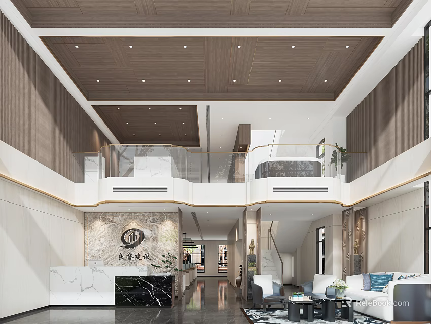 Modern Reception Area With Elegant Marble Desk Spacious Lobby And Double Height Ceiling 3d model