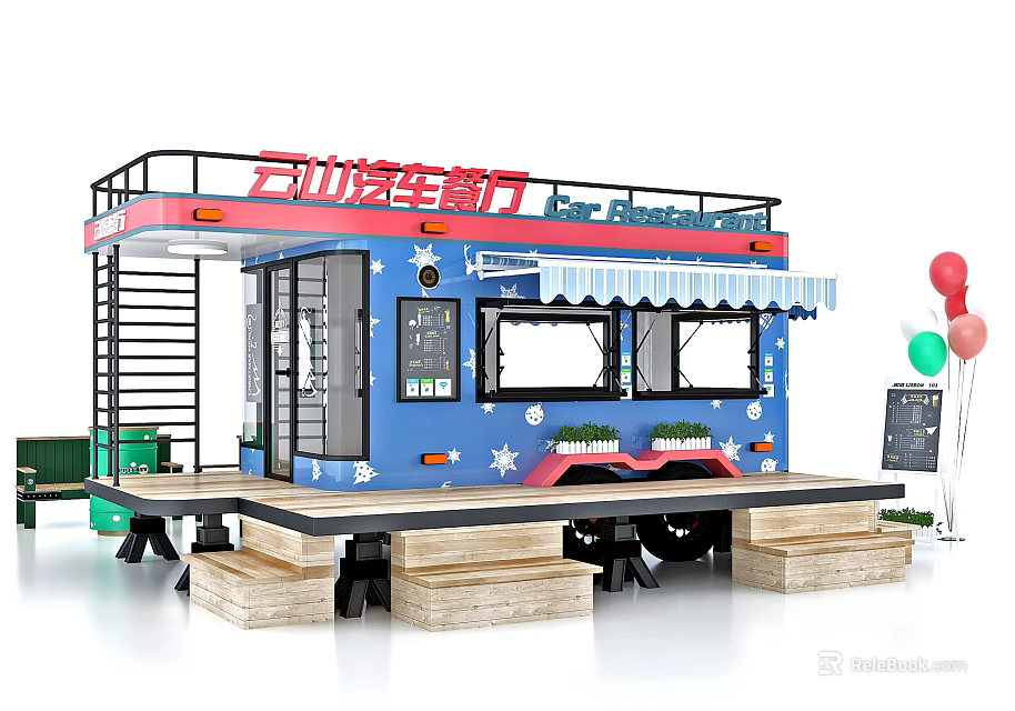 Blue Food Truck With Awning Steps Balloons And Menu Board Setup 3d model 