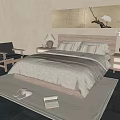 Double Bed with Wooden Headboard Beige Bedding Nightstands Table Lamp Vase Rug Slippers and Book