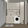 Modern Bathroom Cabinet Interior With Storage Shelves Washer And Decorative Plants