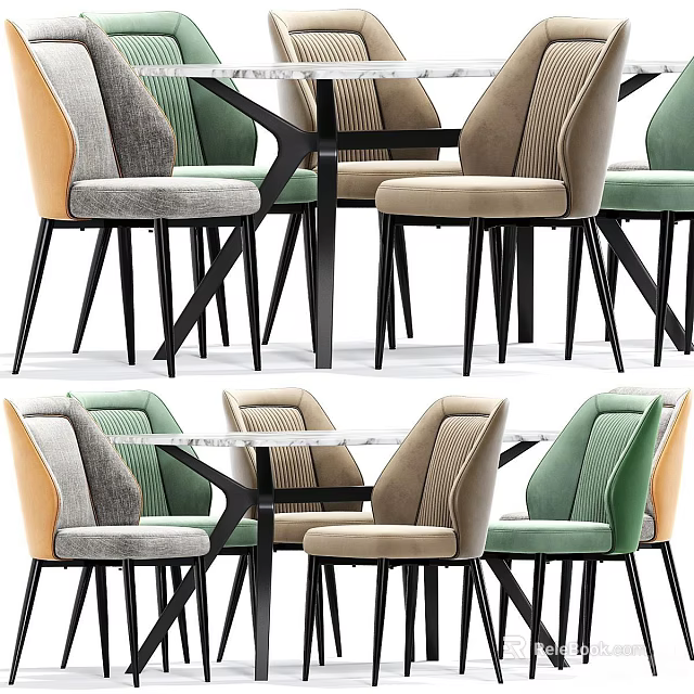 Stylish Modern Table And Chair Set With Upholstered Seats Green Beige Grey Metal Legs 3d model 