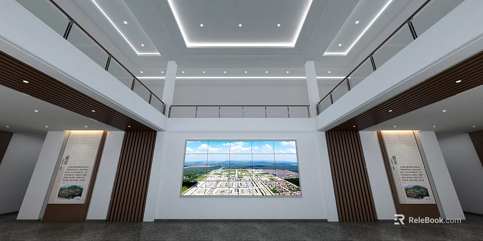 Front Desk Reception in Double Height Lobby With Large Screen Panoramic View And Wooden Panels 3d model 