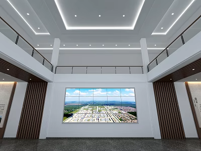 Front Desk Reception in Double Height Lobby With Large Screen Panoramic View And Wooden Panels 3d model