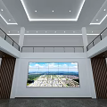 Front Desk Reception in Double Height Lobby With Large Screen Panoramic View And Wooden Panels