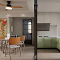 Modern Dining Living Room Interior With Wooden Rattan Decor Round Table And Green Plant