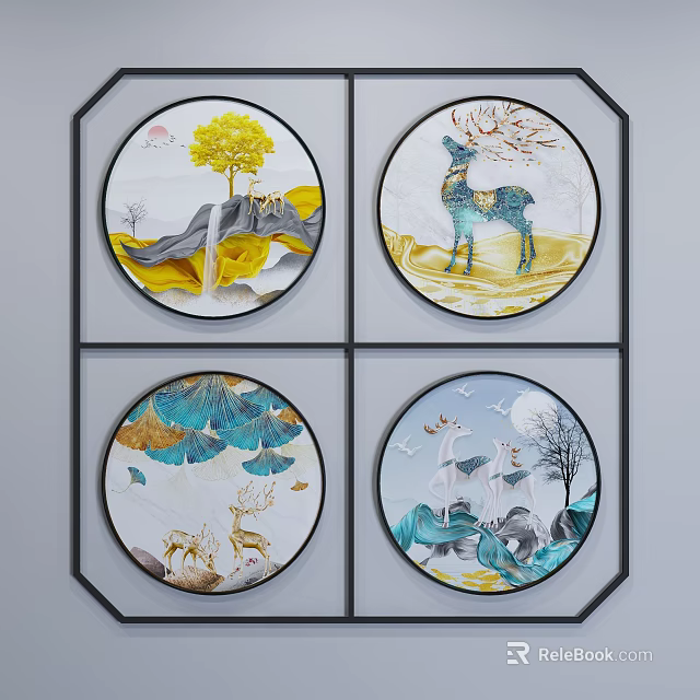 Decorative Wall Art with Deer Tree Mountain and Moon Nature Elements Round Framed Design 3d model