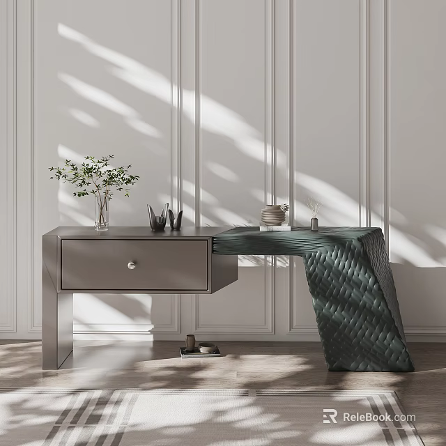 Modern Entryway Console Table With Side Cabinet Glass Top Woven Detail And Potted Plant 3d model 
