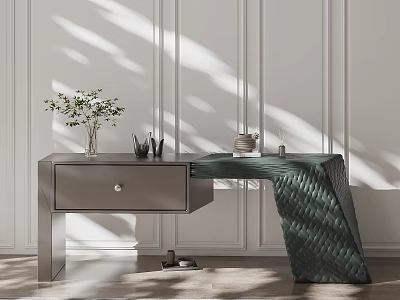 Modern Entryway Console Table With Side Cabinet Glass Top Woven Detail And Potted Plant 3d model