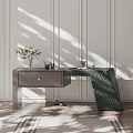 Modern Entryway Console Table With Side Cabinet Glass Top Woven Detail And Potted Plant