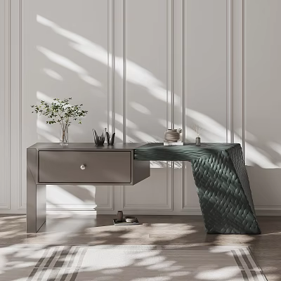 Modern Entryway Console Table With Side Cabinet Glass Top Woven Detail And Potted Plant 3d model