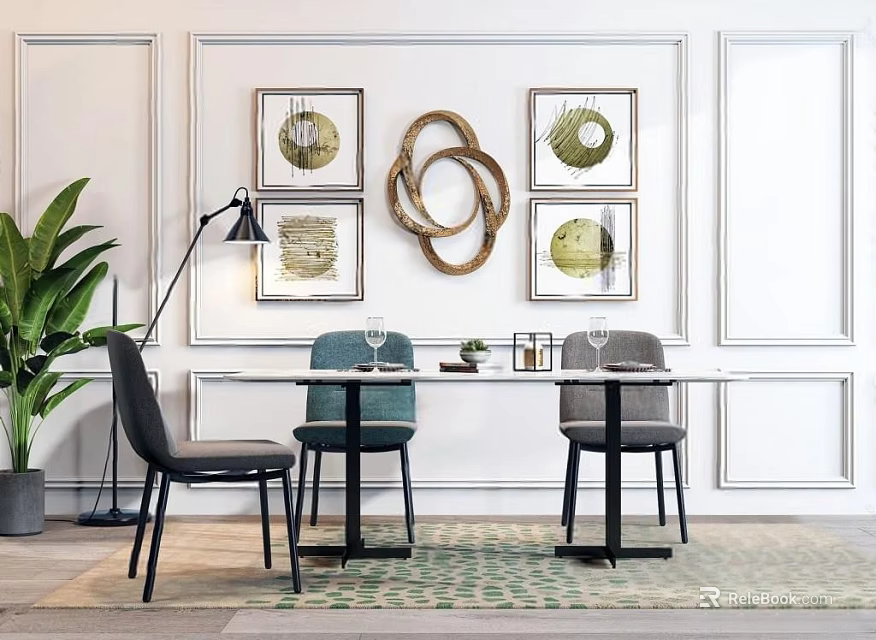 Modern Dining Table Set With Upholstered Chairs Framed Artworks Circular Decor Potted Plant And Rug 3d model 