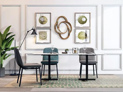 Modern Dining Table Set With Upholstered Chairs Framed Artworks Circular Decor Potted Plant And Rug 3d model