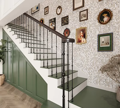 Staircase Hallway Featuring Green Walls White Steps Black Railings Framed Pictures Wooden Flooring Potted Plant 3d model