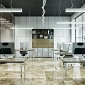 Modern Public Office Area Interior Design With Desks Computers Green Plants And Storage Cabinets