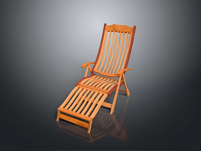 Wooden Lounge Chair With Slatted Backrest And Comfortable Footrest Design 3d model