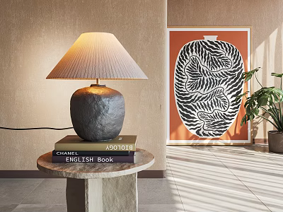 Modern Table Lamp with Pleated Shade and Stone Base on Books Near Abstract Art 3d model