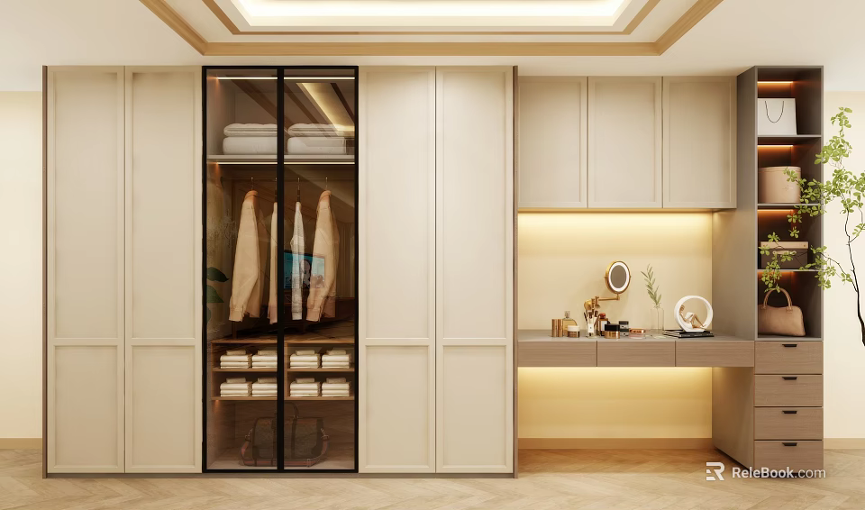 Modern Wardrobe with Glass Doors Hanging Folded Clothes and Dressing Table Area 3d model 