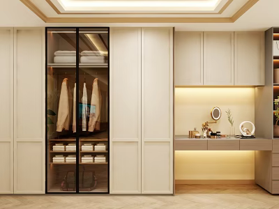 Modern Wardrobe with Glass Doors Hanging Folded Clothes and Dressing Table Area 3d model