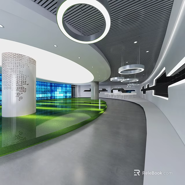Modern Exhibition Hall Interior Design With Circular Ceiling Green Floor Glass Walls And White Columns 3d model 