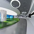 Modern Exhibition Hall Interior Design With Circular Ceiling Green Floor Glass Walls And White Columns