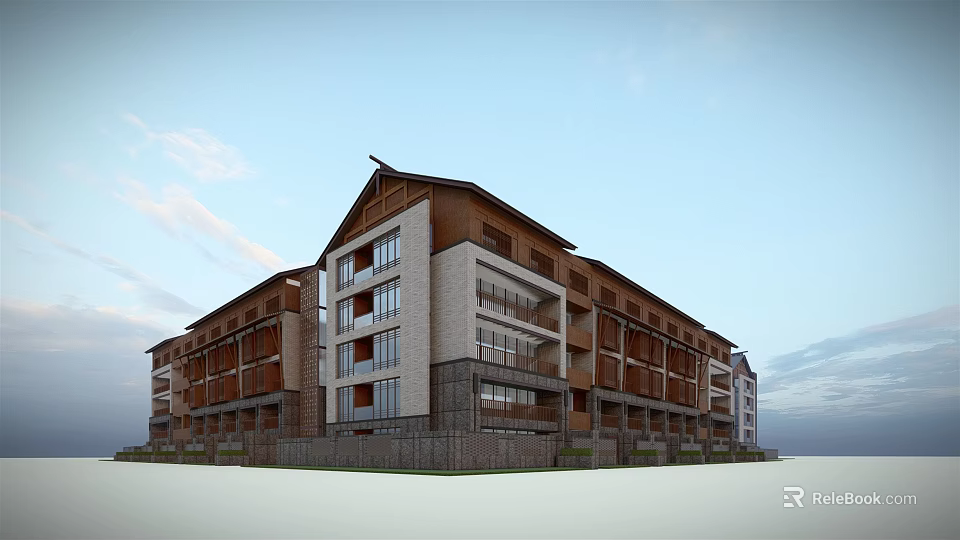 Multi Story Modern Hotel Building With Traditional Roof Design Wooden Panel And Stone Wall 3d model 