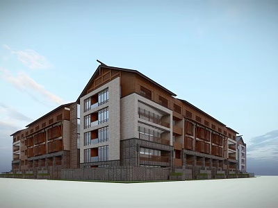 Multi Story Modern Hotel Building With Traditional Roof Design Wooden Panel And Stone Wall 3d model