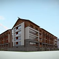 Multi Story Modern Hotel Building With Traditional Roof Design Wooden Panel And Stone Wall