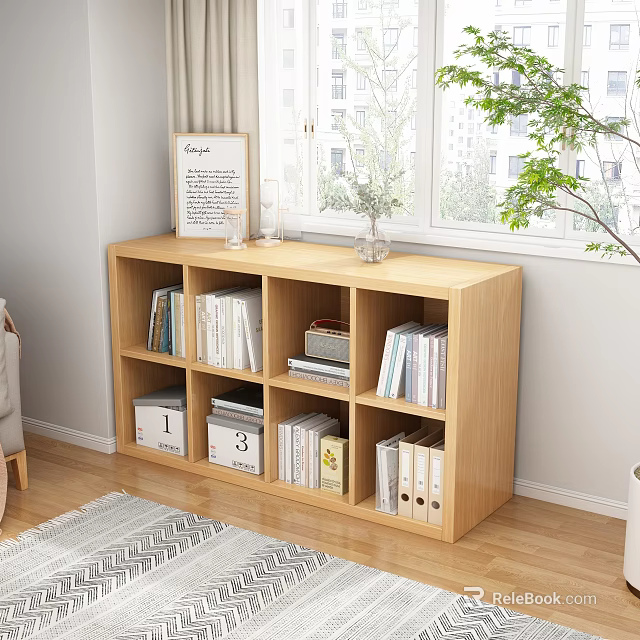 Wooden Bookshelf With Storage For Books And Decorations In Living Room Near Window 3d model 